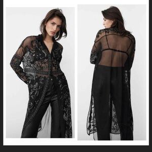 Zara Longline Embroidered Tulle Blouse in
